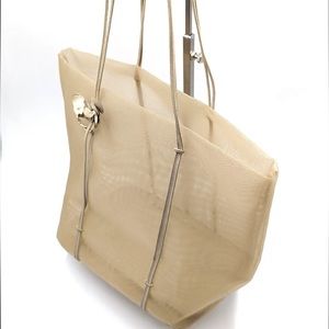 AUTH Vintage PRADA Sand Colored See-Through Flower Mesh Tote Bag